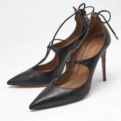 Pre Owned Aquazzura Black Leather Christy Pointed Toe Ankle Wrap Pumps Size 37.5