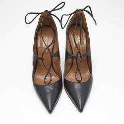 Pre Owned Aquazzura Black Leather Christy Pointed Toe Ankle Wrap Pumps Size 37.5