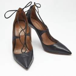 Pre Owned Aquazzura Black Leather Christy Pointed Toe Ankle Wrap Pumps Size 37.5