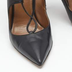Pre Owned Aquazzura Black Leather Christy Pointed Toe Ankle Wrap Pumps Size 37.5