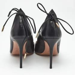 Pre Owned Aquazzura Black Leather Christy Pointed Toe Ankle Wrap Pumps Size 37.5