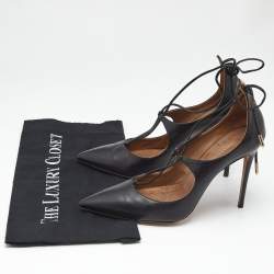 Pre Owned Aquazzura Black Leather Christy Pointed Toe Ankle Wrap Pumps Size 37.5