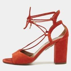 Pre Owned Aquazzura Orange Suede Ankle Strap Block Heel Sandals Size 37.5