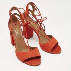 Pre Owned Aquazzura Orange Suede Ankle Strap Block Heel Sandals Size 37.5