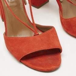 Pre Owned Aquazzura Orange Suede Ankle Strap Block Heel Sandals Size 37.5