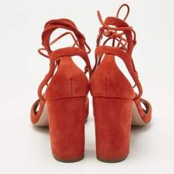 Pre Owned Aquazzura Orange Suede Ankle Strap Block Heel Sandals Size 37.5