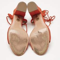 Pre Owned Aquazzura Orange Suede Ankle Strap Block Heel Sandals Size 37.5