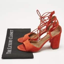 Pre Owned Aquazzura Orange Suede Ankle Strap Block Heel Sandals Size 37.5