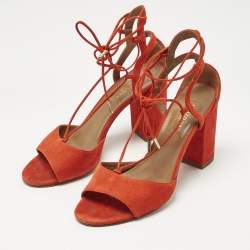 Pre Owned Aquazzura Orange Suede Ankle Strap Block Heel Sandals Size 37.5