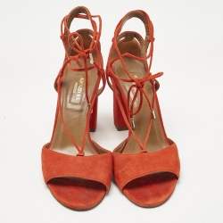 Pre Owned Aquazzura Orange Suede Ankle Strap Block Heel Sandals Size 37.5