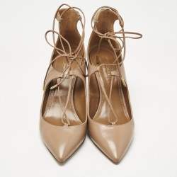 Pre Owned Aquazzura Beige Leather Christy Lace Ankle Wrap Pumps Size 37.5