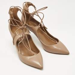 Pre Owned Aquazzura Beige Leather Christy Lace Ankle Wrap Pumps Size 37.5