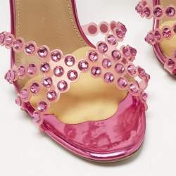 Pre Owned Aquazzura Pink PVC Love Struck Embellished Ankle Strap Sandals Size 39