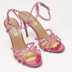 Pre Owned Aquazzura Pink PVC Love Struck Embellished Ankle Strap Sandals Size 39