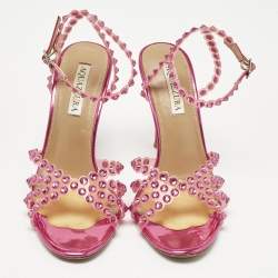Pre Owned Aquazzura Pink PVC Love Struck Embellished Ankle Strap Sandals Size 39