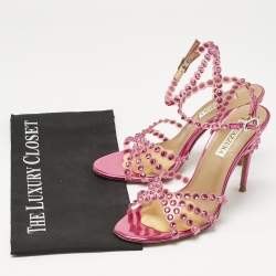 Pre Owned Aquazzura Pink PVC Love Struck Embellished Ankle Strap Sandals Size 39