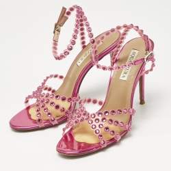 Pre Owned Aquazzura Pink PVC Love Struck Embellished Ankle Strap Sandals Size 39