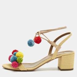Pre Owned Aquazzura Multicolor Raffia Pom Pom Thong Ankle Tie Sandals Size 37