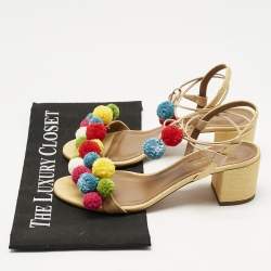 Pre Owned Aquazzura Multicolor Raffia Pom Pom Thong Ankle Tie Sandals Size 37