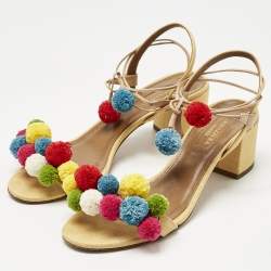 Pre Owned Aquazzura Multicolor Raffia Pom Pom Thong Ankle Tie Sandals Size 37