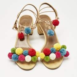 Pre Owned Aquazzura Multicolor Raffia Pom Pom Thong Ankle Tie Sandals Size 37