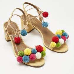 Pre Owned Aquazzura Multicolor Raffia Pom Pom Thong Ankle Tie Sandals Size 37