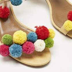 Pre Owned Aquazzura Multicolor Raffia Pom Pom Thong Ankle Tie Sandals Size 37