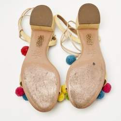 Pre Owned Aquazzura Multicolor Raffia Pom Pom Thong Ankle Tie Sandals Size 37