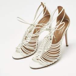 Pre Owned Aquazzura White  Leather Nadja Strappy Ankle Wrap Sandals Size 37.5