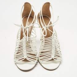 Pre Owned Aquazzura White  Leather Nadja Strappy Ankle Wrap Sandals Size 37.5
