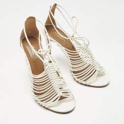 Pre Owned Aquazzura White  Leather Nadja Strappy Ankle Wrap Sandals Size 37.5