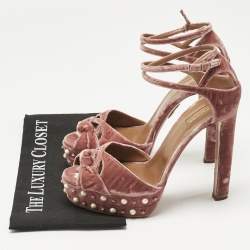 Pre Owned Aquazzura Pink Velvet Mira Embellished  Platform Ankle Strap Sandals Size 41
