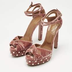 Pre Owned Aquazzura Pink Velvet Mira Embellished  Platform Ankle Strap Sandals Size 41