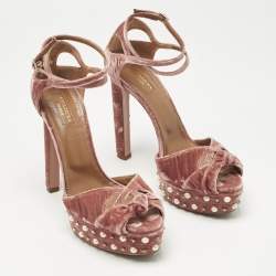 Pre Owned Aquazzura Pink Velvet Mira Embellished  Platform Ankle Strap Sandals Size 41