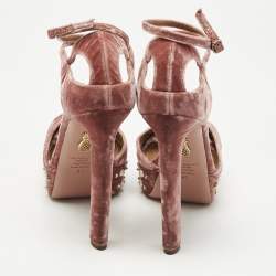 Pre Owned Aquazzura Pink Velvet Mira Embellished  Platform Ankle Strap Sandals Size 41