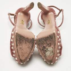Pre Owned Aquazzura Pink Velvet Mira Embellished  Platform Ankle Strap Sandals Size 41