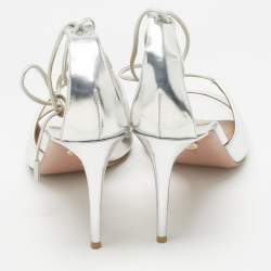 Pre Owned Aquazzura Silver Leather Sofia Ankle Wrap Sandals Size 39