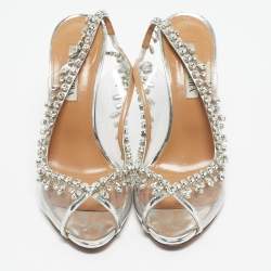 Pre Owned Aquazzura Silver PVC Temptation Peep Toe Pumps Size 39.5