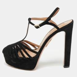 Pre Owned Aquazzura Black Suede Platform Ankle Strap Sandals Size 38.5