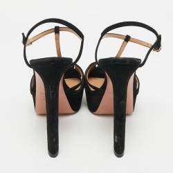 Pre Owned Aquazzura Black Suede Platform Ankle Strap Sandals Size 38.5