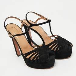 Pre Owned Aquazzura Black Suede Platform Ankle Strap Sandals Size 38.5