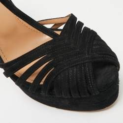 Pre Owned Aquazzura Black Suede Platform Ankle Strap Sandals Size 38.5