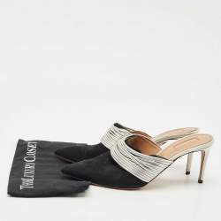 Pre Owned Aquazzura Black/Silver Suede and Leather Rendez Vous Mules Size 42