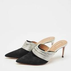Pre Owned Aquazzura Black/Silver Suede and Leather Rendez Vous Mules Size 42