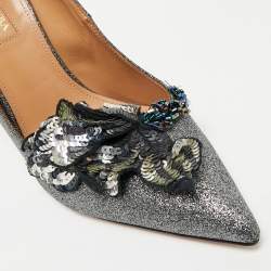 Pre Owned Aquazzura Grey Glitter Leather Poison Embellished Pumps Size 38.5