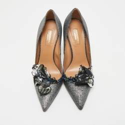 Pre Owned Aquazzura Grey Glitter Leather Poison Embellished Pumps Size 38.5