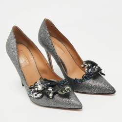 Pre Owned Aquazzura Grey Glitter Leather Poison Embellished Pumps Size 38.5