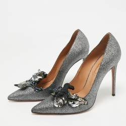 Pre Owned Aquazzura Grey Glitter Leather Poison Embellished Pumps Size 38.5