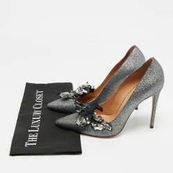 Pre Owned Aquazzura Grey Glitter Leather Poison Embellished Pumps Size 38.5