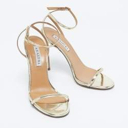 Pre Owned Aquazzura Gold Patent Leather Olie Ankle Strap Sandals Size 38